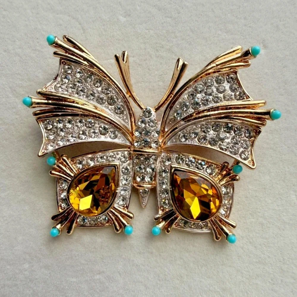 Butterfly Brooch Pendant Amber Rhinestone Blue Accent Gold Tone Statement Pin